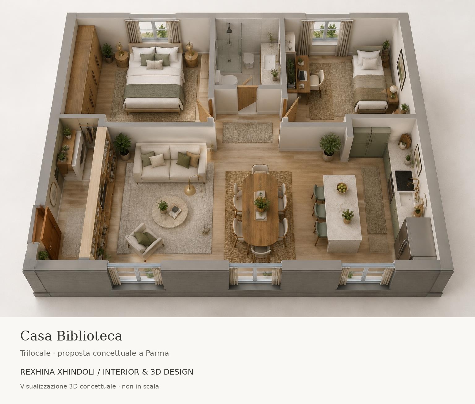 Casa Biblioteca – Pianta arredata 3D · vista assonometrica
