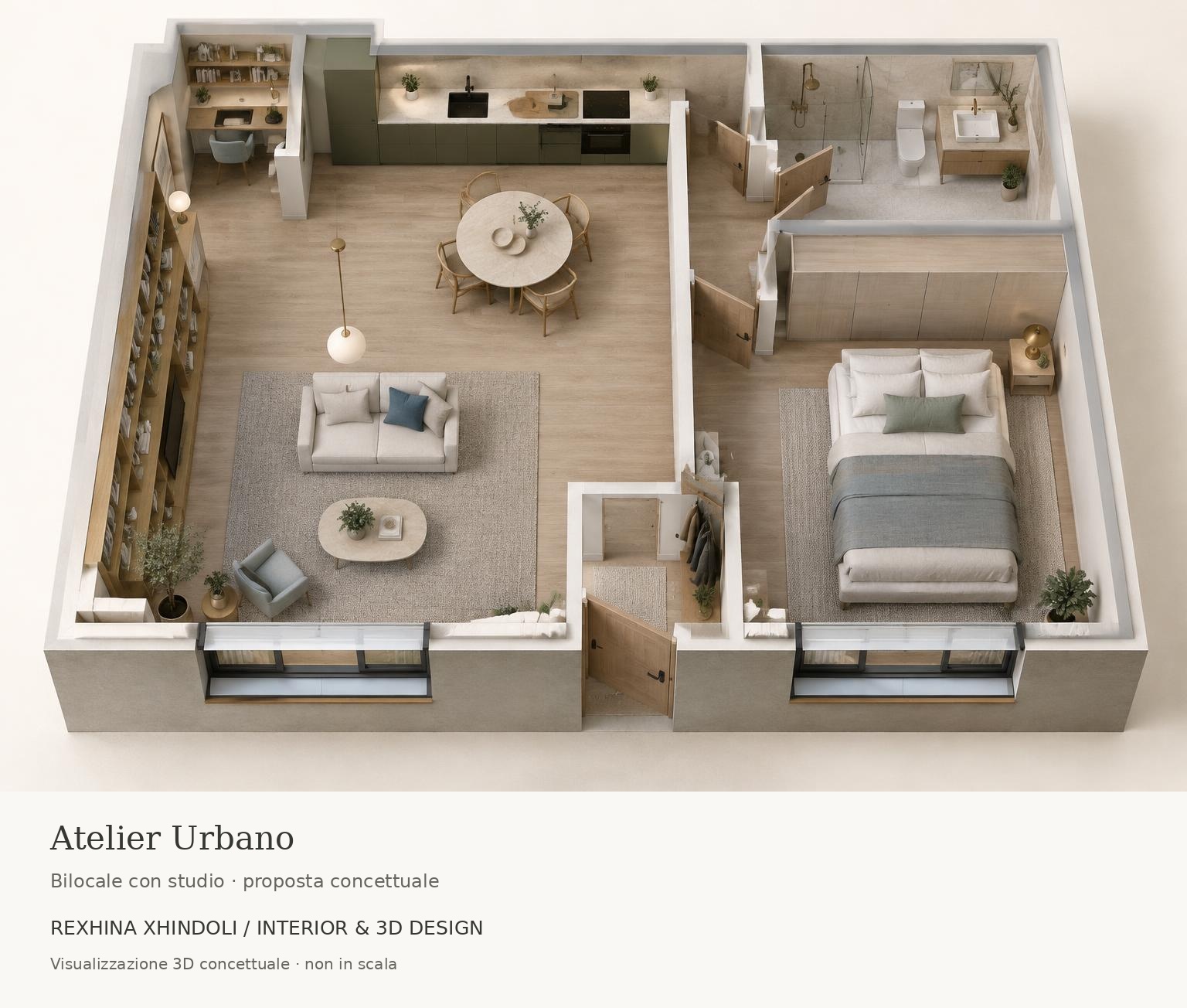 Atelier Urbano – Pianta arredata 3D · bilocale e nicchia studio