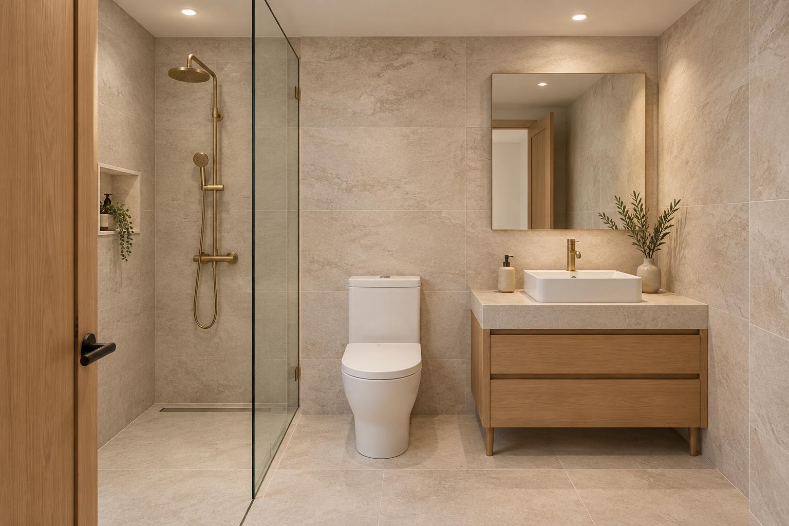 Atelier Urbano – Bagno · pietra chiara e dettagli in ottone