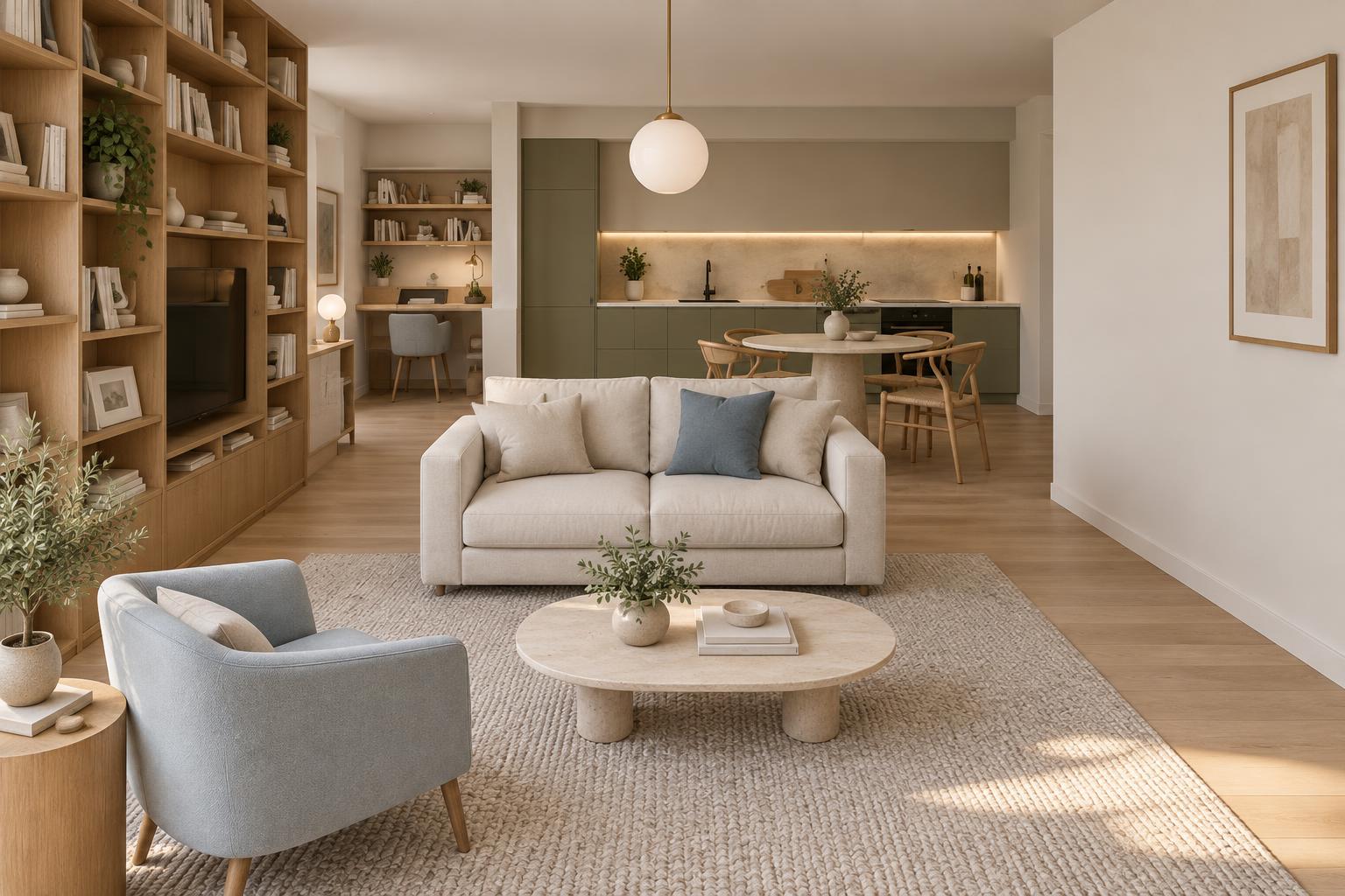 Atelier Urbano – Soggiorno · libreria e accenti azzurro polvere