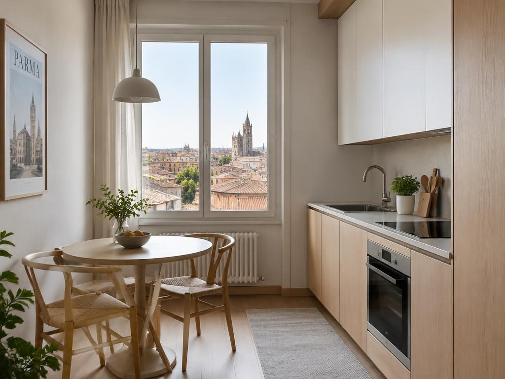Monolocale in Oltretorrente – Angolo cottura con vista sui tetti