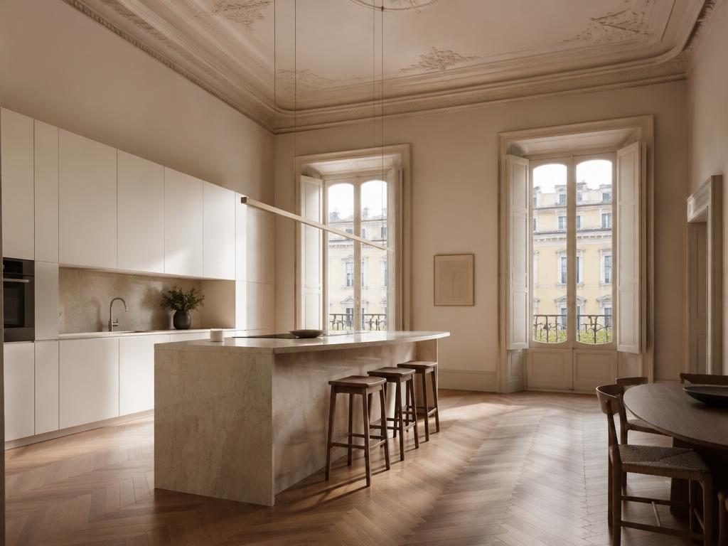 Palazzo storico a Parma – Cucina con isola in travertino